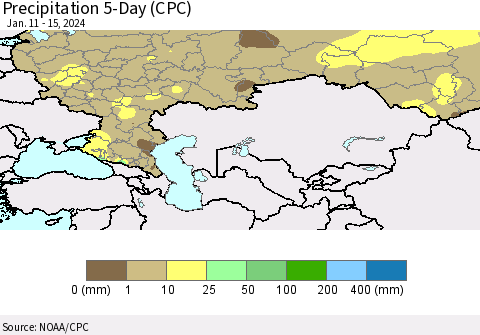 Russian Federation Precipitation 5-Day (CPC) Thematic Map For 1/11/2024 - 1/15/2024