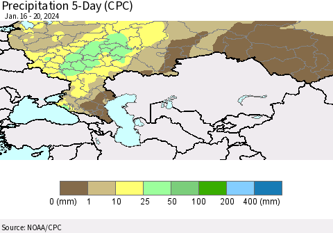 Russian Federation Precipitation 5-Day (CPC) Thematic Map For 1/16/2024 - 1/20/2024