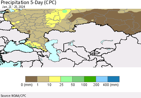 Russian Federation Precipitation 5-Day (CPC) Thematic Map For 1/21/2024 - 1/25/2024