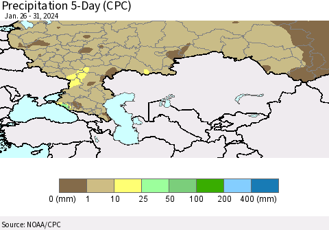 Russian Federation Precipitation 5-Day (CPC) Thematic Map For 1/26/2024 - 1/31/2024
