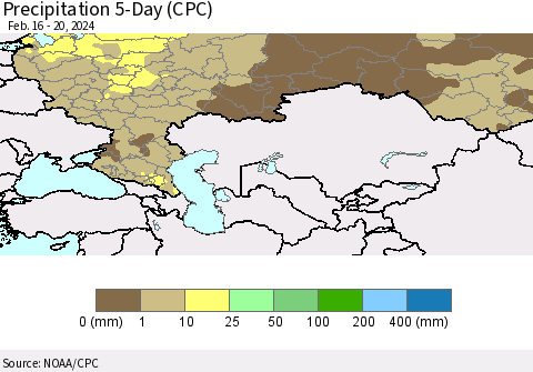 Russian Federation Precipitation 5-Day (CPC) Thematic Map For 2/16/2024 - 2/20/2024