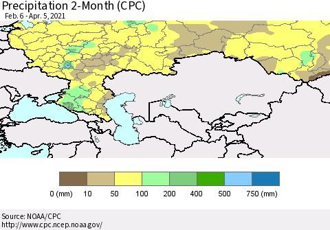 Russian Federation Precipitation 2-Month (CPC) Thematic Map For 2/6/2021 - 4/5/2021