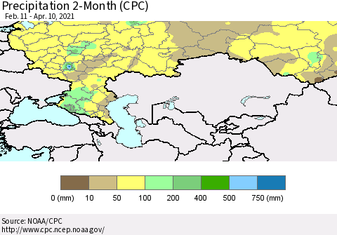 Russian Federation Precipitation 2-Month (CPC) Thematic Map For 2/11/2021 - 4/10/2021