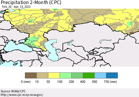 Russian Federation Precipitation 2-Month (CPC) Thematic Map For 2/16/2021 - 4/15/2021