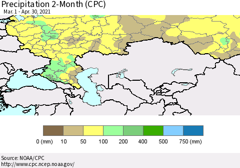 Russian Federation Precipitation 2-Month (CPC) Thematic Map For 3/1/2021 - 4/30/2021
