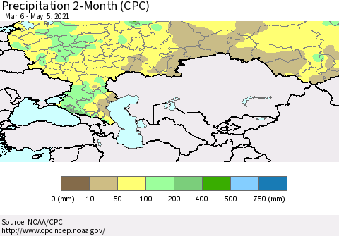 Russian Federation Precipitation 2-Month (CPC) Thematic Map For 3/6/2021 - 5/5/2021