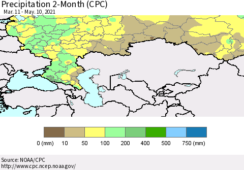 Russian Federation Precipitation 2-Month (CPC) Thematic Map For 3/11/2021 - 5/10/2021