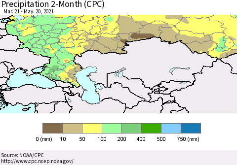 Russian Federation Precipitation 2-Month (CPC) Thematic Map For 3/21/2021 - 5/20/2021