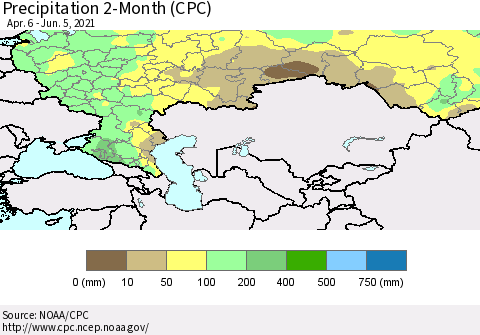 Russian Federation Precipitation 2-Month (CPC) Thematic Map For 4/6/2021 - 6/5/2021