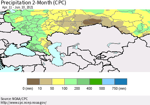 Russian Federation Precipitation 2-Month (CPC) Thematic Map For 4/11/2021 - 6/10/2021