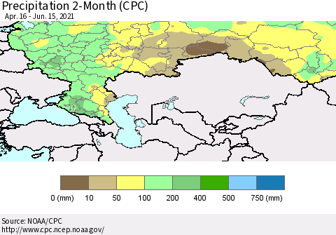 Russian Federation Precipitation 2-Month (CPC) Thematic Map For 4/16/2021 - 6/15/2021