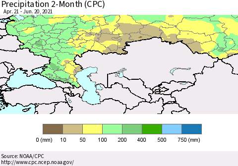 Russian Federation Precipitation 2-Month (CPC) Thematic Map For 4/21/2021 - 6/20/2021
