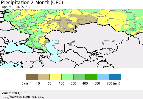 Russian Federation Precipitation 2-Month (CPC) Thematic Map For 4/26/2021 - 6/25/2021
