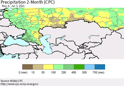 Russian Federation Precipitation 2-Month (CPC) Thematic Map For 5/6/2021 - 7/5/2021