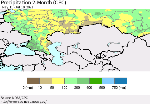Russian Federation Precipitation 2-Month (CPC) Thematic Map For 5/11/2021 - 7/10/2021