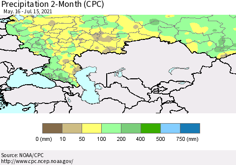 Russian Federation Precipitation 2-Month (CPC) Thematic Map For 5/16/2021 - 7/15/2021