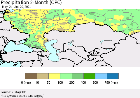 Russian Federation Precipitation 2-Month (CPC) Thematic Map For 5/21/2021 - 7/20/2021