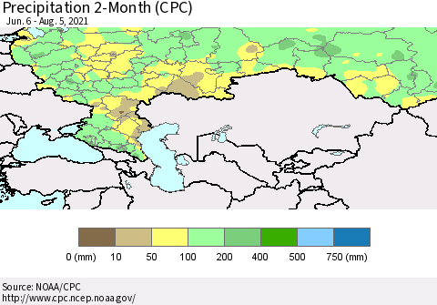 Russian Federation Precipitation 2-Month (CPC) Thematic Map For 6/6/2021 - 8/5/2021