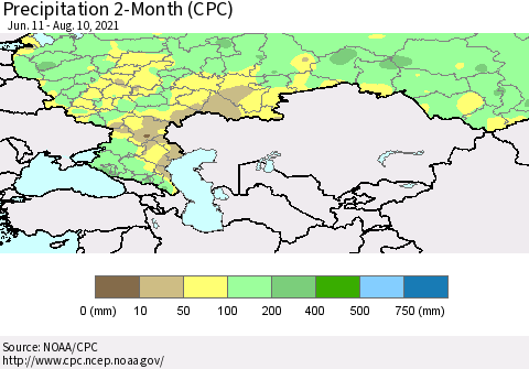 Russian Federation Precipitation 2-Month (CPC) Thematic Map For 6/11/2021 - 8/10/2021
