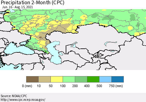 Russian Federation Precipitation 2-Month (CPC) Thematic Map For 6/16/2021 - 8/15/2021