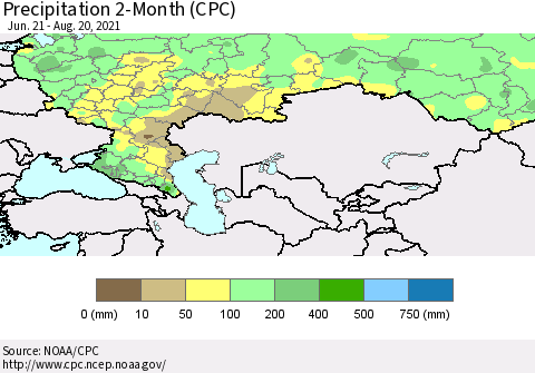 Russian Federation Precipitation 2-Month (CPC) Thematic Map For 6/21/2021 - 8/20/2021