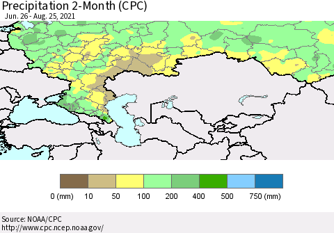 Russian Federation Precipitation 2-Month (CPC) Thematic Map For 6/26/2021 - 8/25/2021