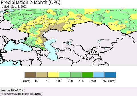 Russian Federation Precipitation 2-Month (CPC) Thematic Map For 7/6/2021 - 9/5/2021