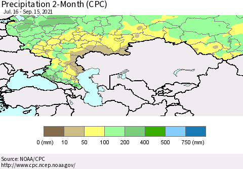 Russian Federation Precipitation 2-Month (CPC) Thematic Map For 7/16/2021 - 9/15/2021