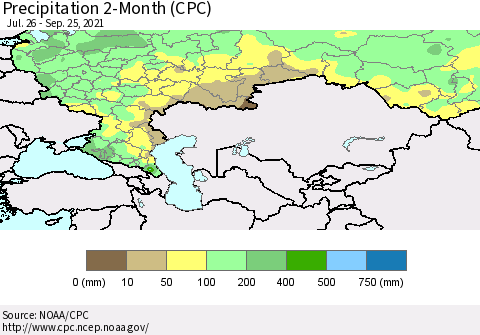 Russian Federation Precipitation 2-Month (CPC) Thematic Map For 7/26/2021 - 9/25/2021