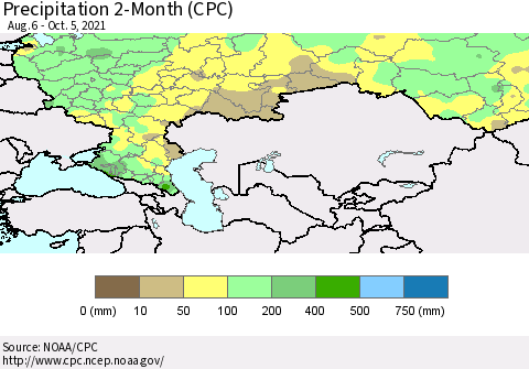 Russian Federation Precipitation 2-Month (CPC) Thematic Map For 8/6/2021 - 10/5/2021