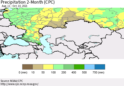 Russian Federation Precipitation 2-Month (CPC) Thematic Map For 8/11/2021 - 10/10/2021