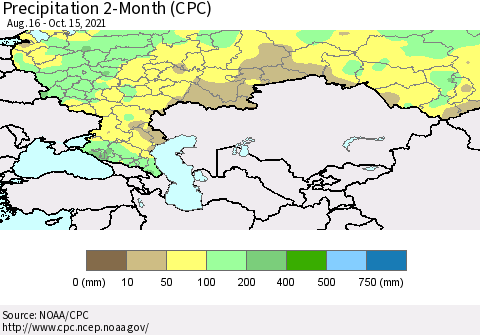 Russian Federation Precipitation 2-Month (CPC) Thematic Map For 8/16/2021 - 10/15/2021