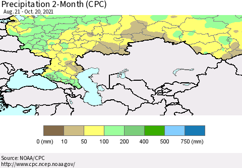 Russian Federation Precipitation 2-Month (CPC) Thematic Map For 8/21/2021 - 10/20/2021