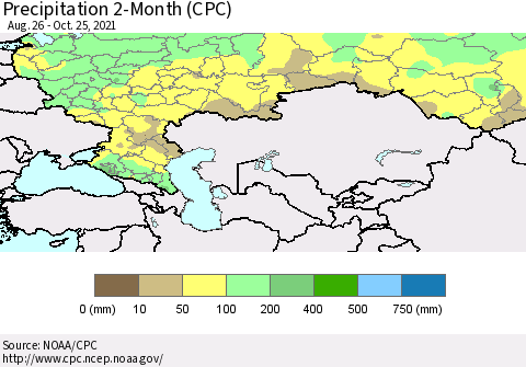 Russian Federation Precipitation 2-Month (CPC) Thematic Map For 8/26/2021 - 10/25/2021