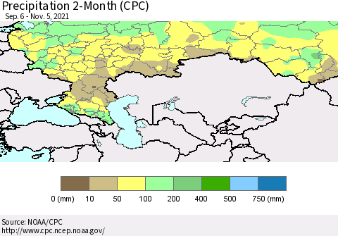 Russian Federation Precipitation 2-Month (CPC) Thematic Map For 9/6/2021 - 11/5/2021