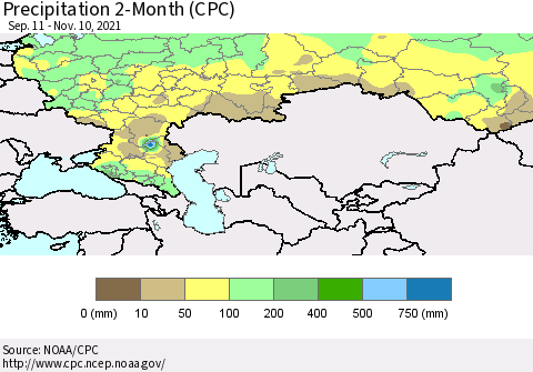 Russian Federation Precipitation 2-Month (CPC) Thematic Map For 9/11/2021 - 11/10/2021