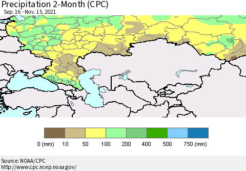 Russian Federation Precipitation 2-Month (CPC) Thematic Map For 9/16/2021 - 11/15/2021