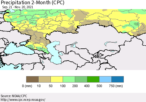 Russian Federation Precipitation 2-Month (CPC) Thematic Map For 9/21/2021 - 11/20/2021