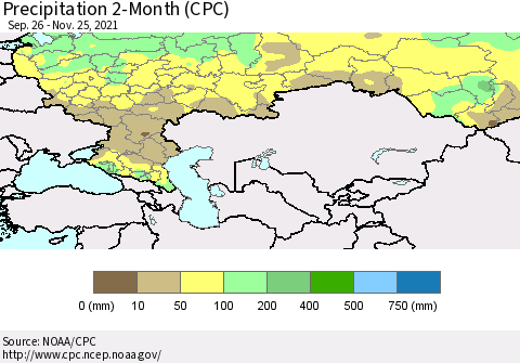 Russian Federation Precipitation 2-Month (CPC) Thematic Map For 9/26/2021 - 11/25/2021