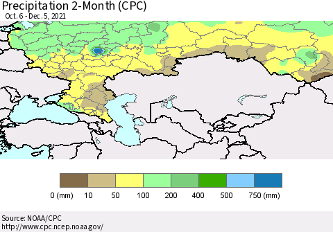 Russian Federation Precipitation 2-Month (CPC) Thematic Map For 10/6/2021 - 12/5/2021