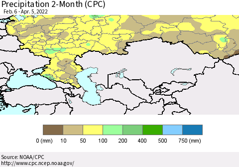 Russian Federation Precipitation 2-Month (CPC) Thematic Map For 2/6/2022 - 4/5/2022