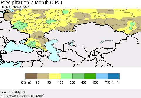 Russian Federation Precipitation 2-Month (CPC) Thematic Map For 3/6/2022 - 5/5/2022