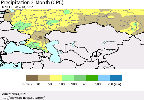 Russian Federation Precipitation 2-Month (CPC) Thematic Map For 3/11/2022 - 5/10/2022