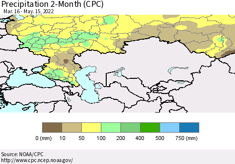 Russian Federation Precipitation 2-Month (CPC) Thematic Map For 3/16/2022 - 5/15/2022