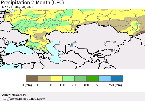 Russian Federation Precipitation 2-Month (CPC) Thematic Map For 3/21/2022 - 5/20/2022