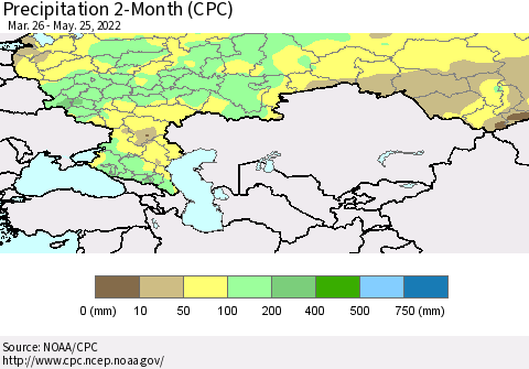Russian Federation Precipitation 2-Month (CPC) Thematic Map For 3/26/2022 - 5/25/2022