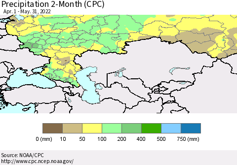 Russian Federation Precipitation 2-Month (CPC) Thematic Map For 4/1/2022 - 5/31/2022