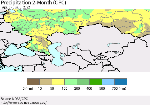 Russian Federation Precipitation 2-Month (CPC) Thematic Map For 4/6/2022 - 6/5/2022