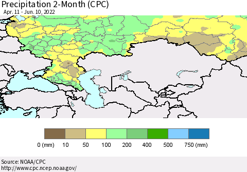 Russian Federation Precipitation 2-Month (CPC) Thematic Map For 4/11/2022 - 6/10/2022