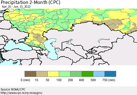 Russian Federation Precipitation 2-Month (CPC) Thematic Map For 4/16/2022 - 6/15/2022